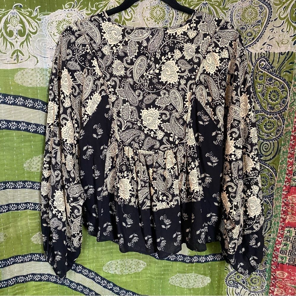 Muse Black/ Tan Sherry Paisley Baby Doll Bohemian Peasant Blouse Size Small - Picture 11 of 16